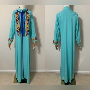 Cyan Blue with Colorful Embroidered Dress / Arab Traditional Abaya